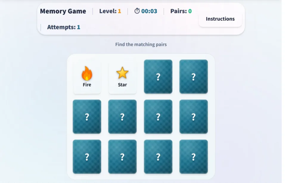 Memory game — real screenshot